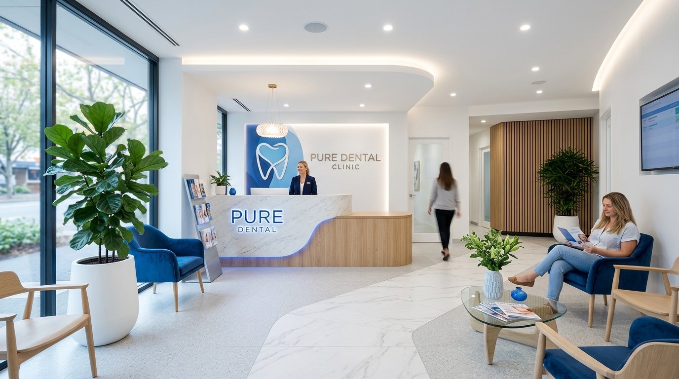 Modern dental clinic reception area with premium interior design