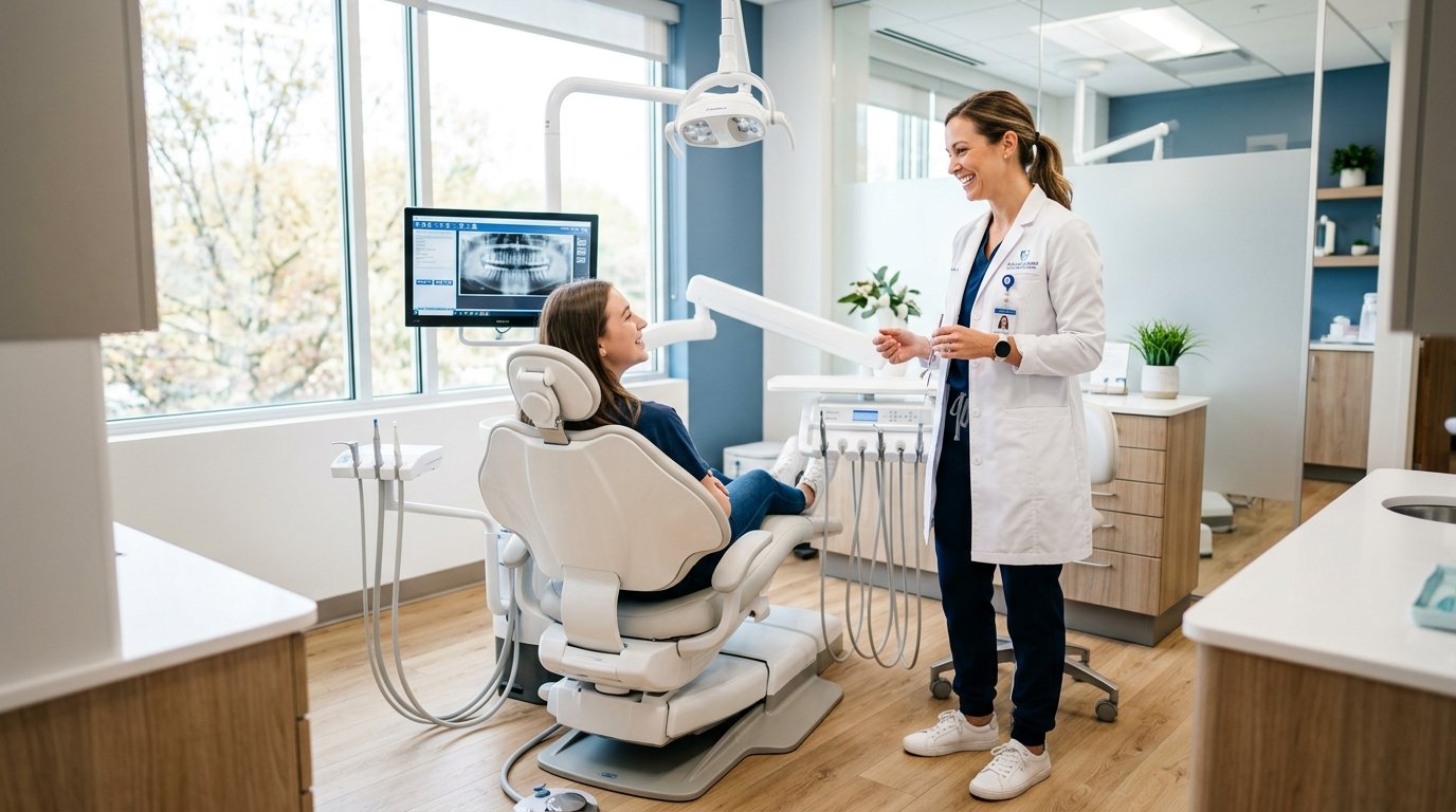 Professional dentist consulting with a patient in a modern dental clinic